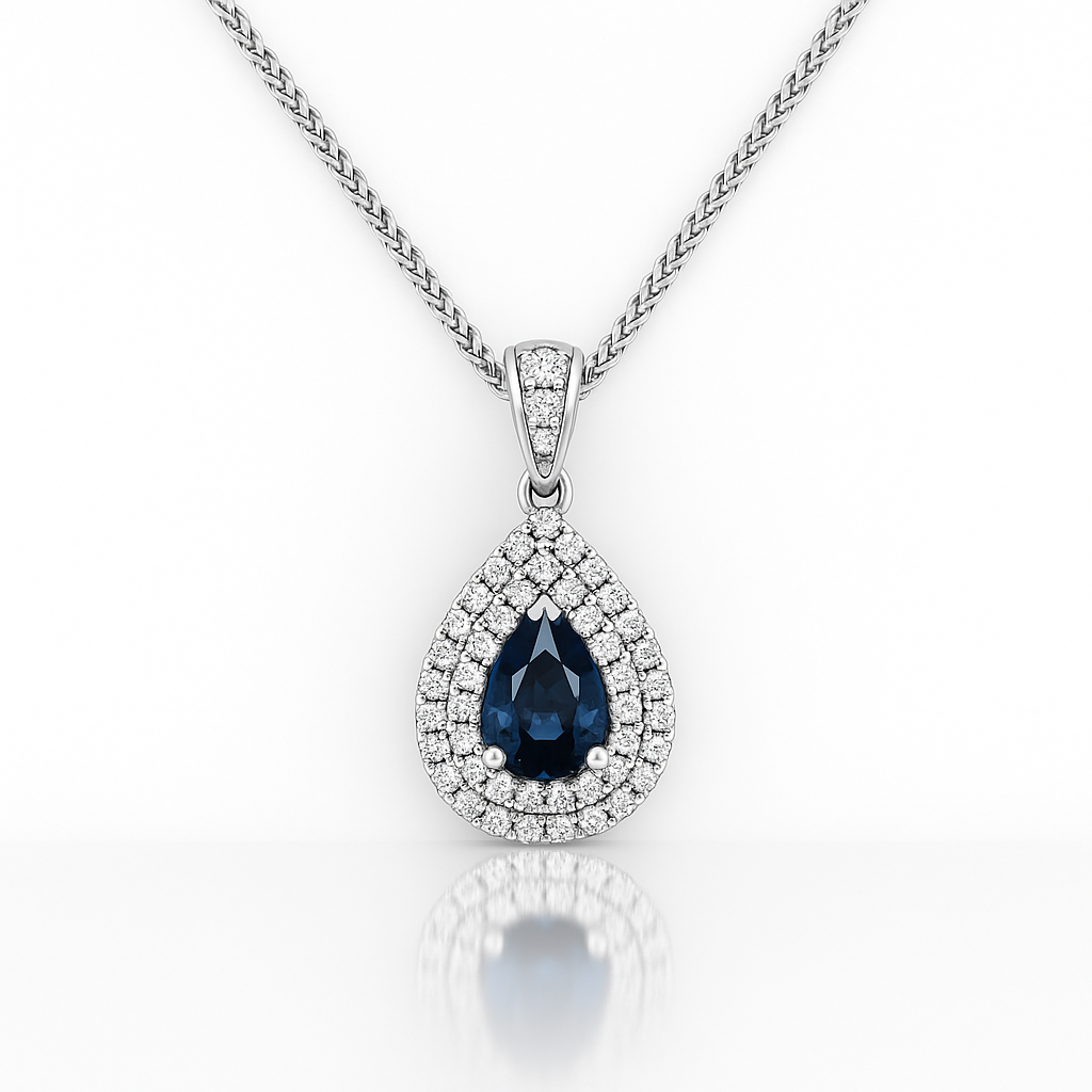 Pear shape Blue Sapphire Halo Setting Pendant Necklace 0.50CT Chloe's Jewellers