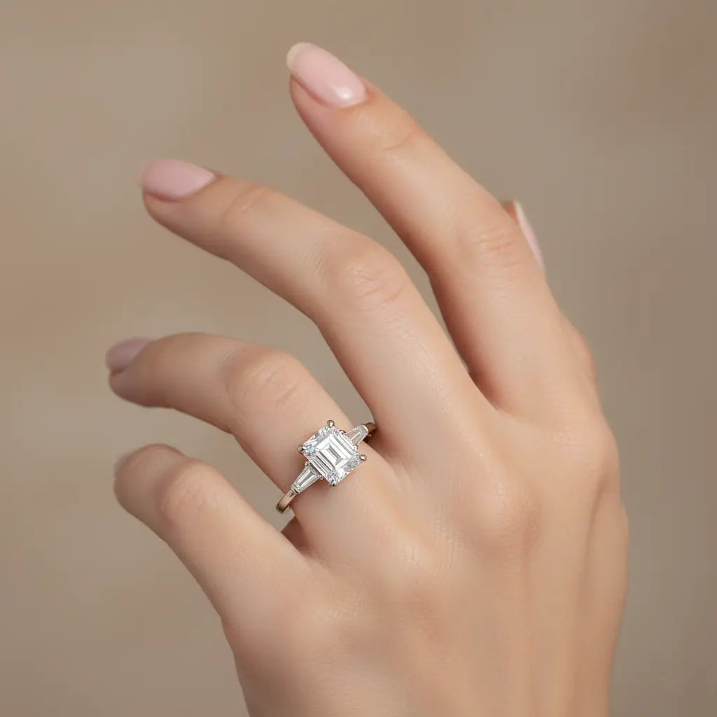 Platinum Emerald-Cut Diamond Three-Stone Engagement Ring – 1.57ct E/VVS1 Chloe's Jewellers