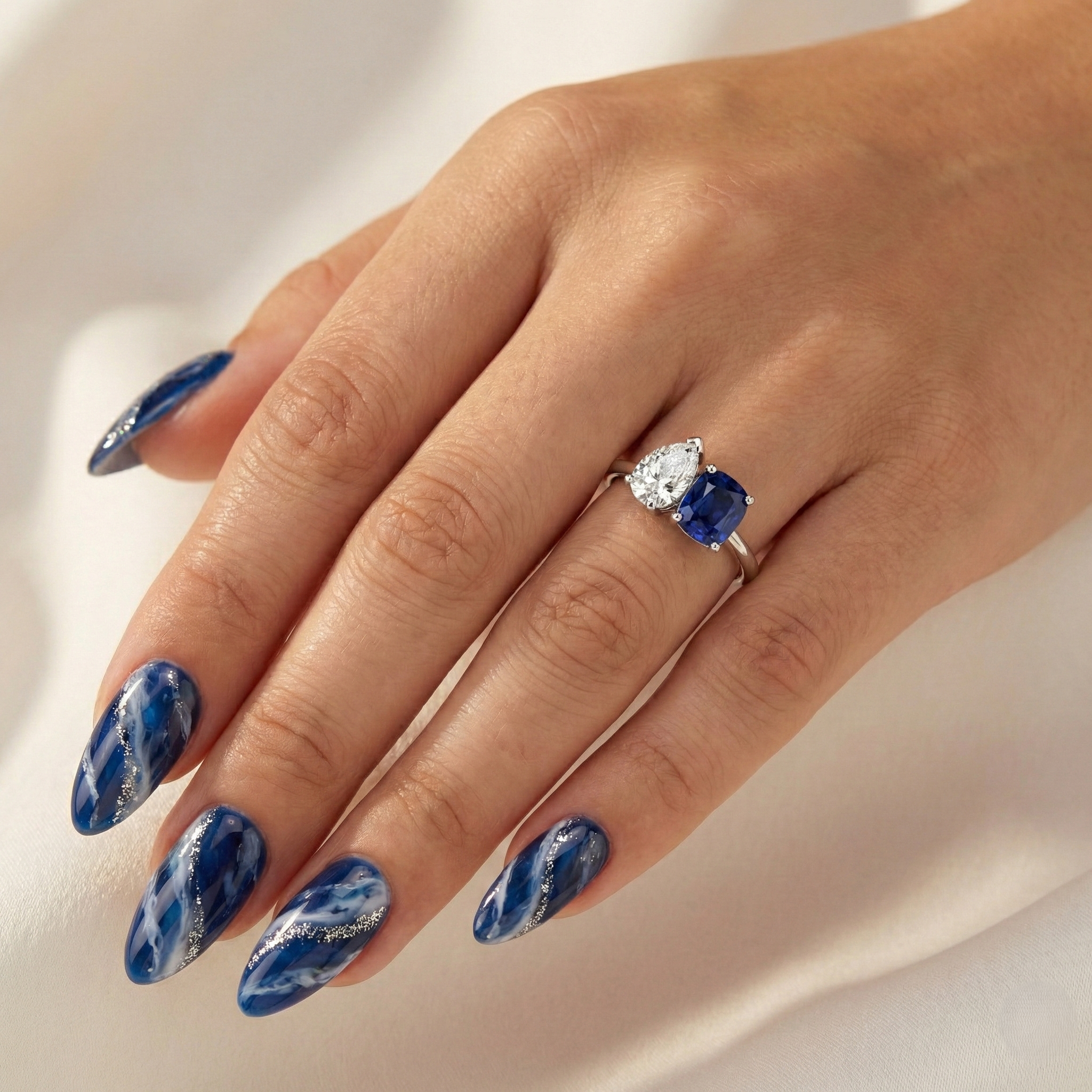 2 Stones Natural Pear & Blue Sapphire Cushion Cut Engagement Ring