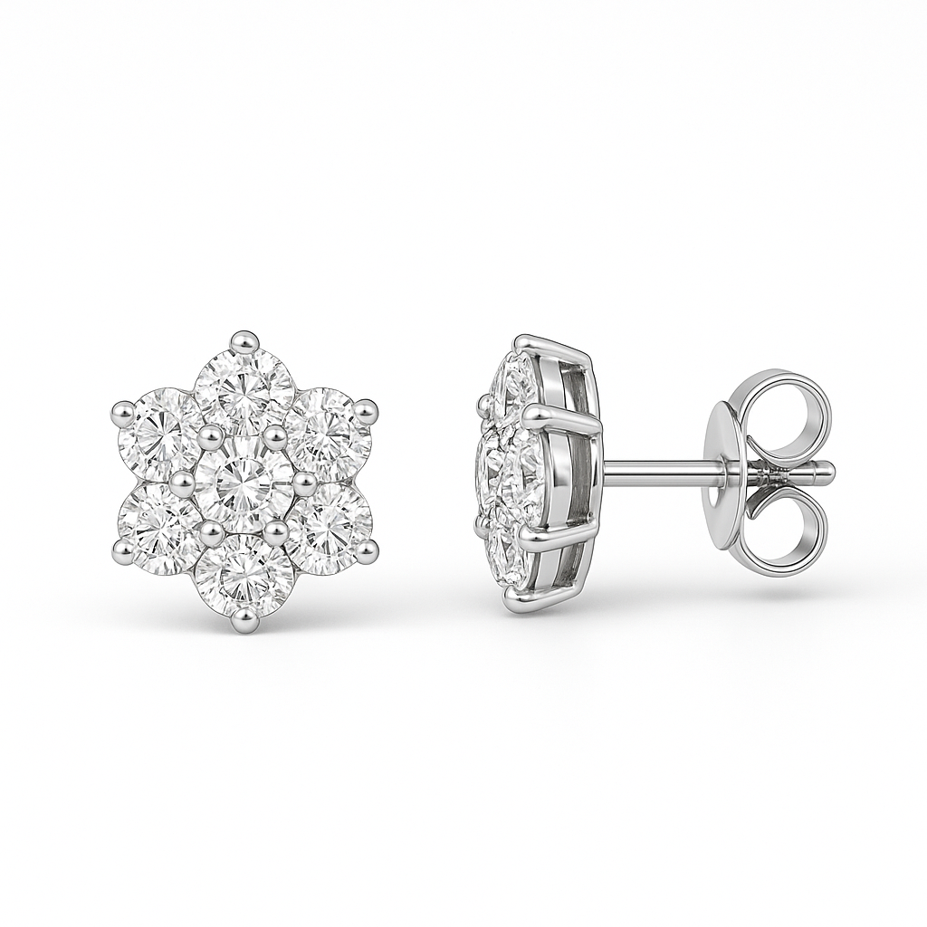Diamond Cluster Stud Earrings 1.06ct 18k White Gold