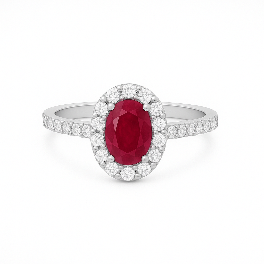 PEONY OVAL HALO RUBY RING