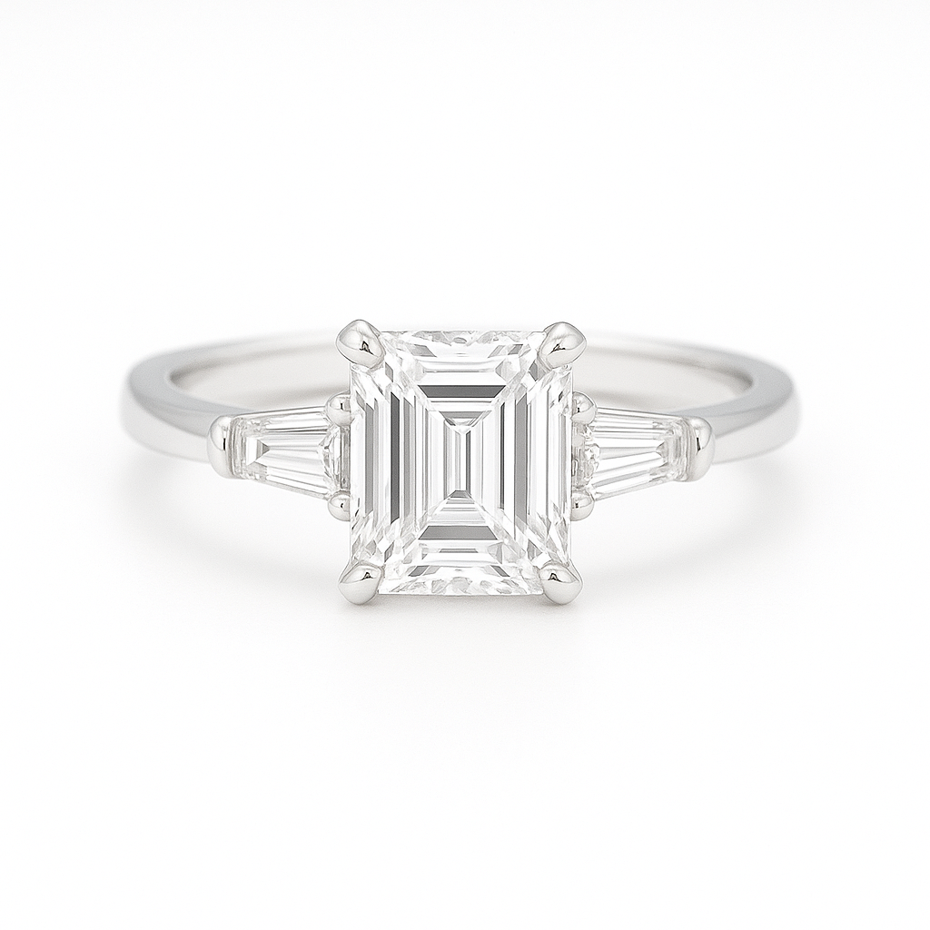 Platinum Emerald-Cut Diamond Three-Stone Engagement Ring – 1.57ct E/VVS1 Chloe's Jewellers