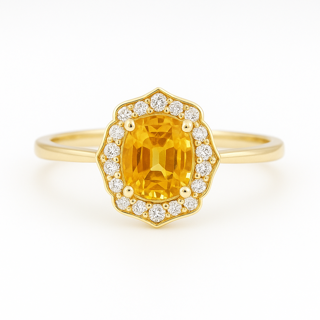 Yellow Sapphire & Diamond Halo Engagement Ring – 1.90ct Sapphire, 0.15ct F/VS1 Diamonds