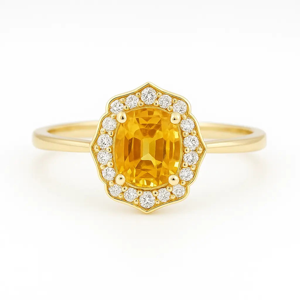 Yellow Sapphire & Diamond Halo Engagement Ring – 1.90ct Sapphire, 0.15ct F/VS1 Diamonds Chloe's Jewellers