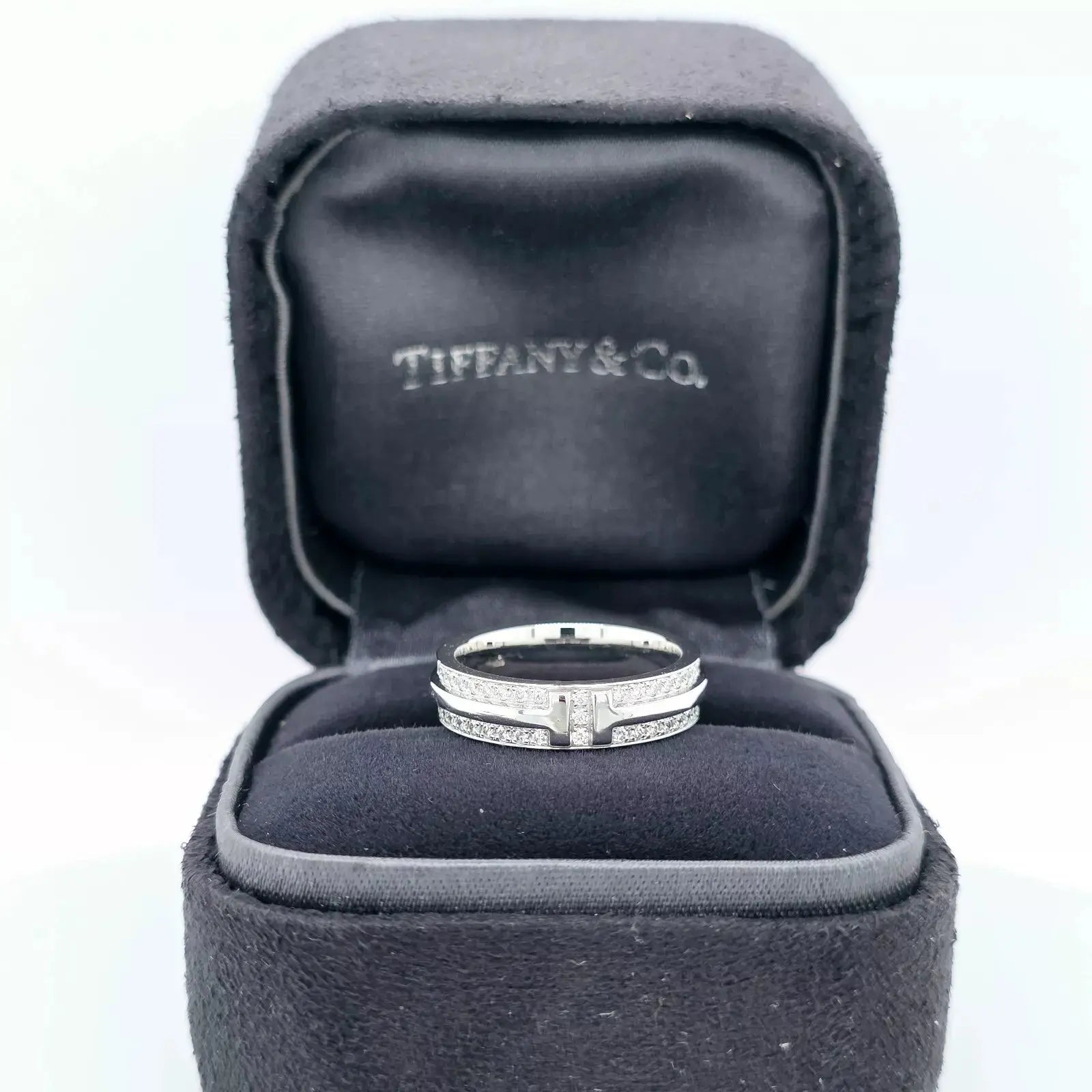 Tiffany & Co. Tiffany T Narrow Pave Diamond Ring, 4.5mm,18ct White Gold, Size I Chloe's Jewellers
