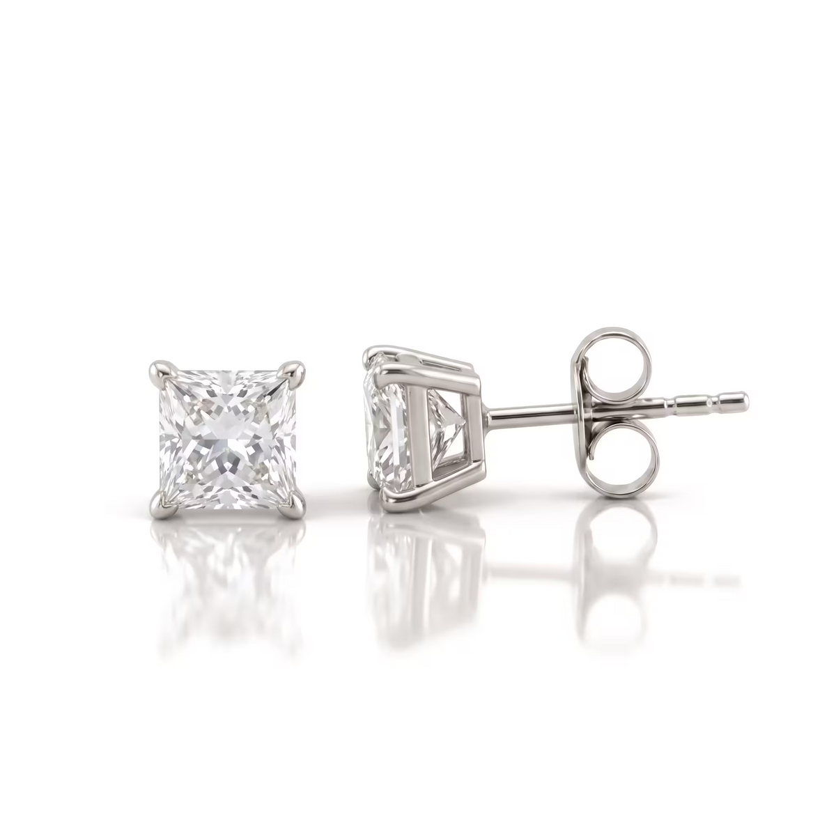 Princess Cut Lab Grown Diamond 18K White Gold Stud Earrings