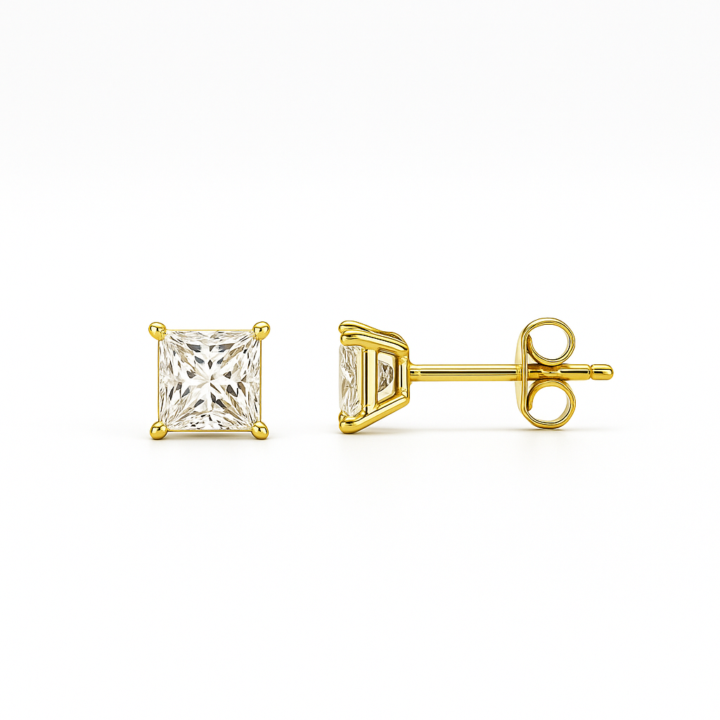 0.50ct Princess Cut Natural Diamond Stud Earrings, 18ct Yellow Gold