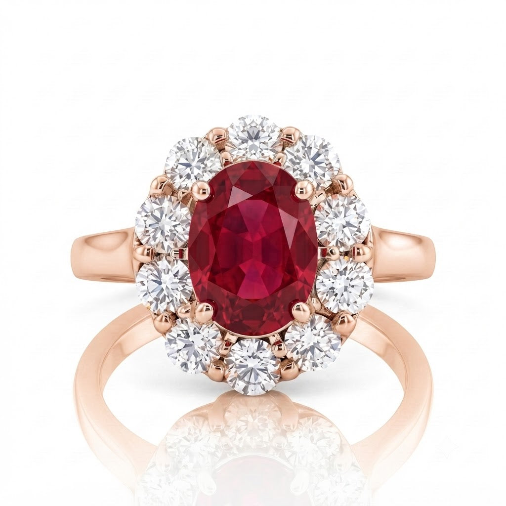 1.00ct Oval Shape African Ruby Halo Set Ring  - 18K Gold Chloe's Jewellers