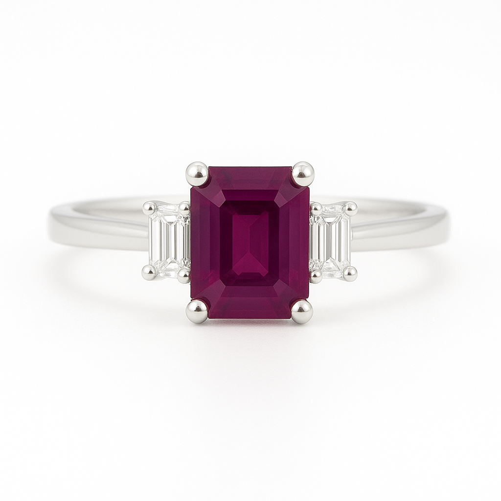 1.18ct Ruby Engagement Ring – Emerald Cut, Baguette Sides, 18K Gold