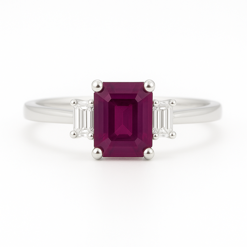 1.18ct Ruby Engagement Ring – Emerald Cut, Baguette Sides, 18K Gold
