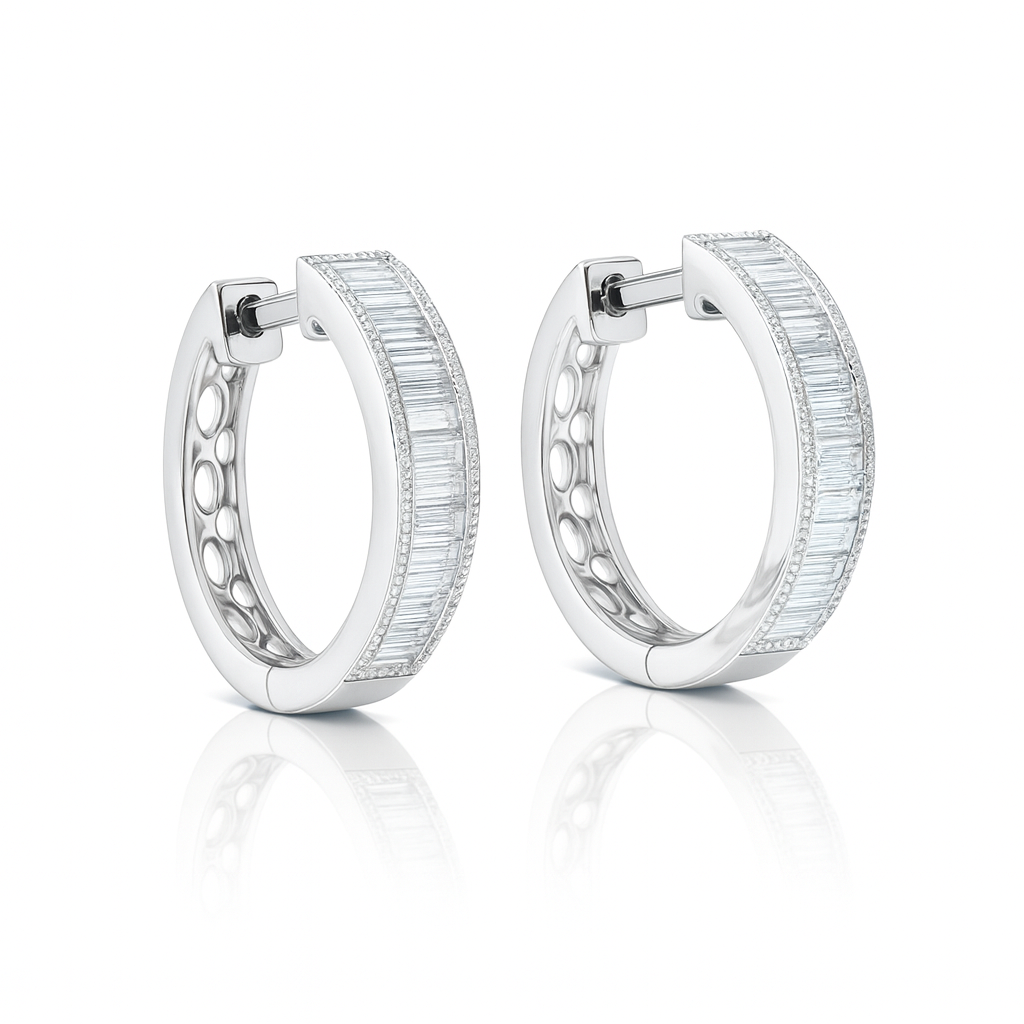18K White Gold Channel Set Baguette Cut Diamond Hoop Earrings 0.43CT