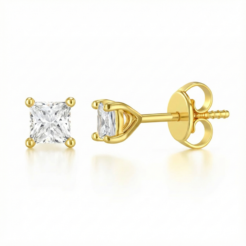 0.44ct Princess Cut Natural Diamond Stud Earrings, 18ct Yellow Gold