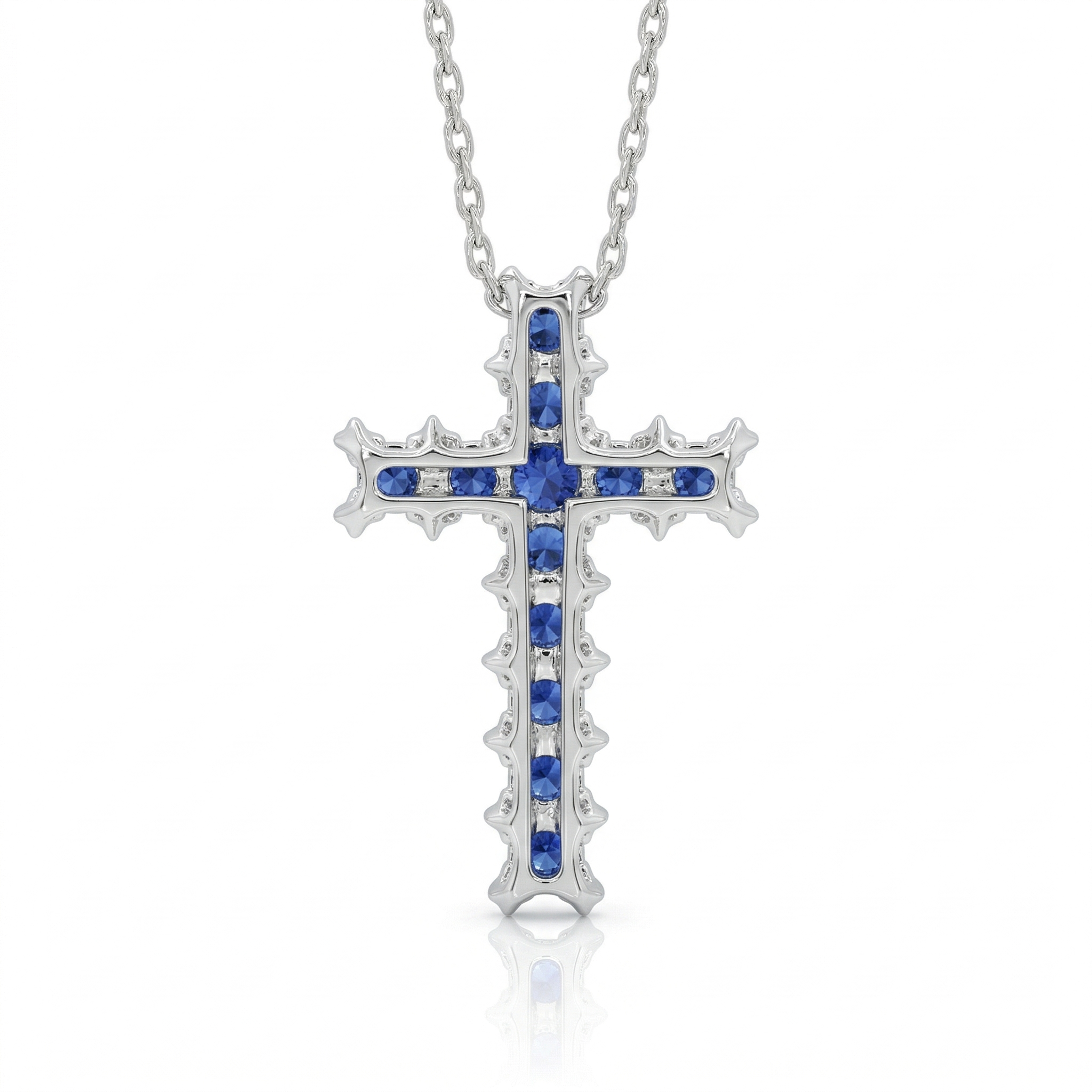 Blue Sapphire & Natural Diamond Cross Pendant Necklace in 18K White Gold Chloe's Jewellers