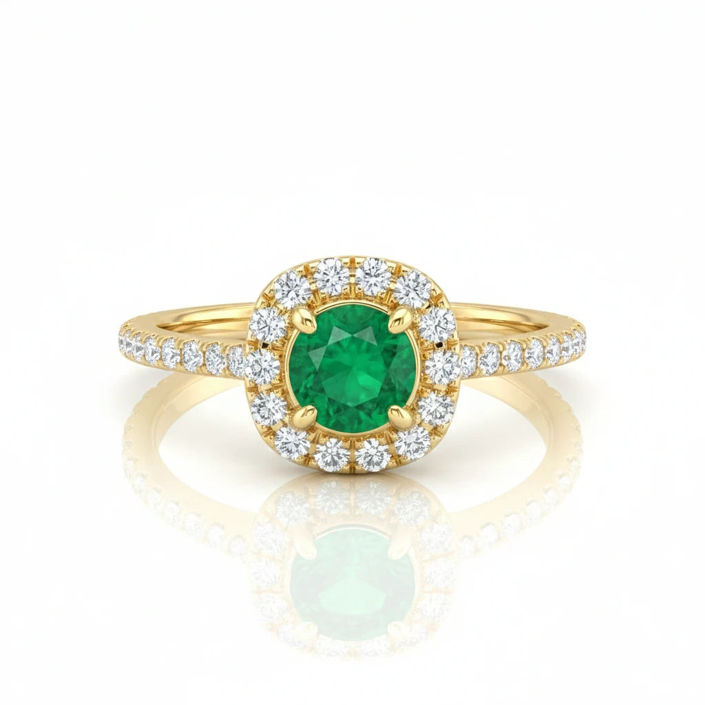 0.38ct Round Cut Emerald Halo Setting Engagement Ring 18K Gold Chloe's Jewellers