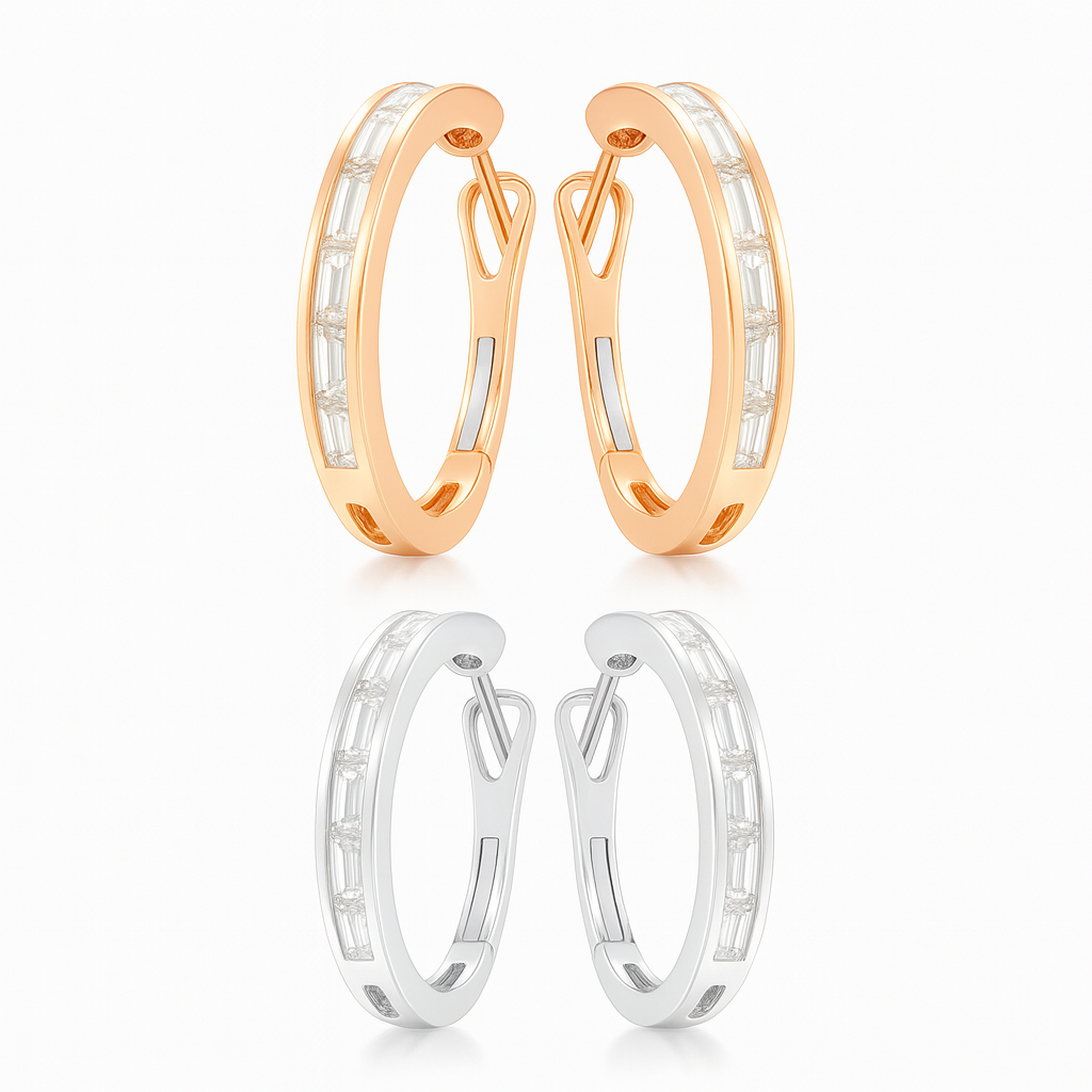Channel set In Out Baguette Diamond Hoop Earring