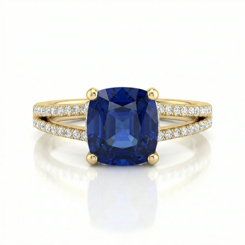 1.70ct Cushion Cut Blue Sapphire Engagement Ring with Split Shank