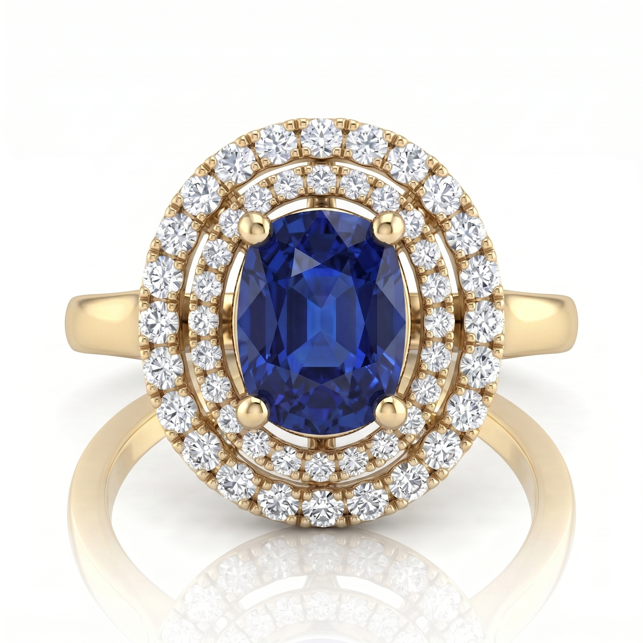 1.47ct Oval Cut Blue Sapphire Halo Setting Engagement Ring - 18K Gold