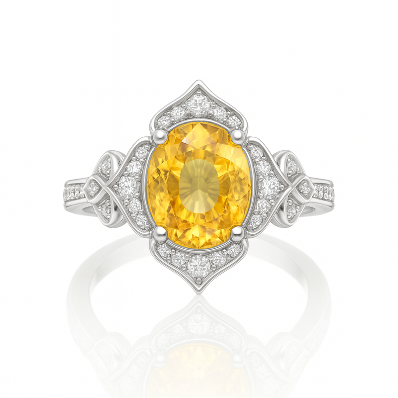 1.47ct Yellow Sapphire Ring – Oval Halo, 18K Gold, F VS1 Diamonds