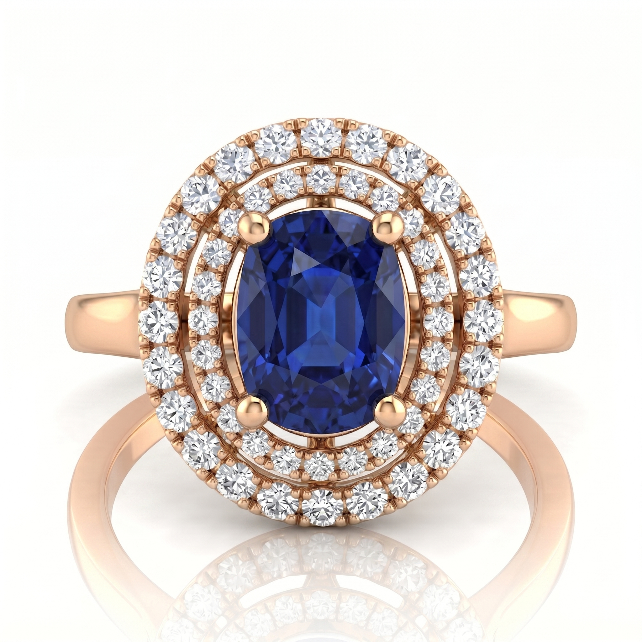 1.47ct Oval Cut Blue Sapphire Halo Setting Engagement Ring - 18K Gold