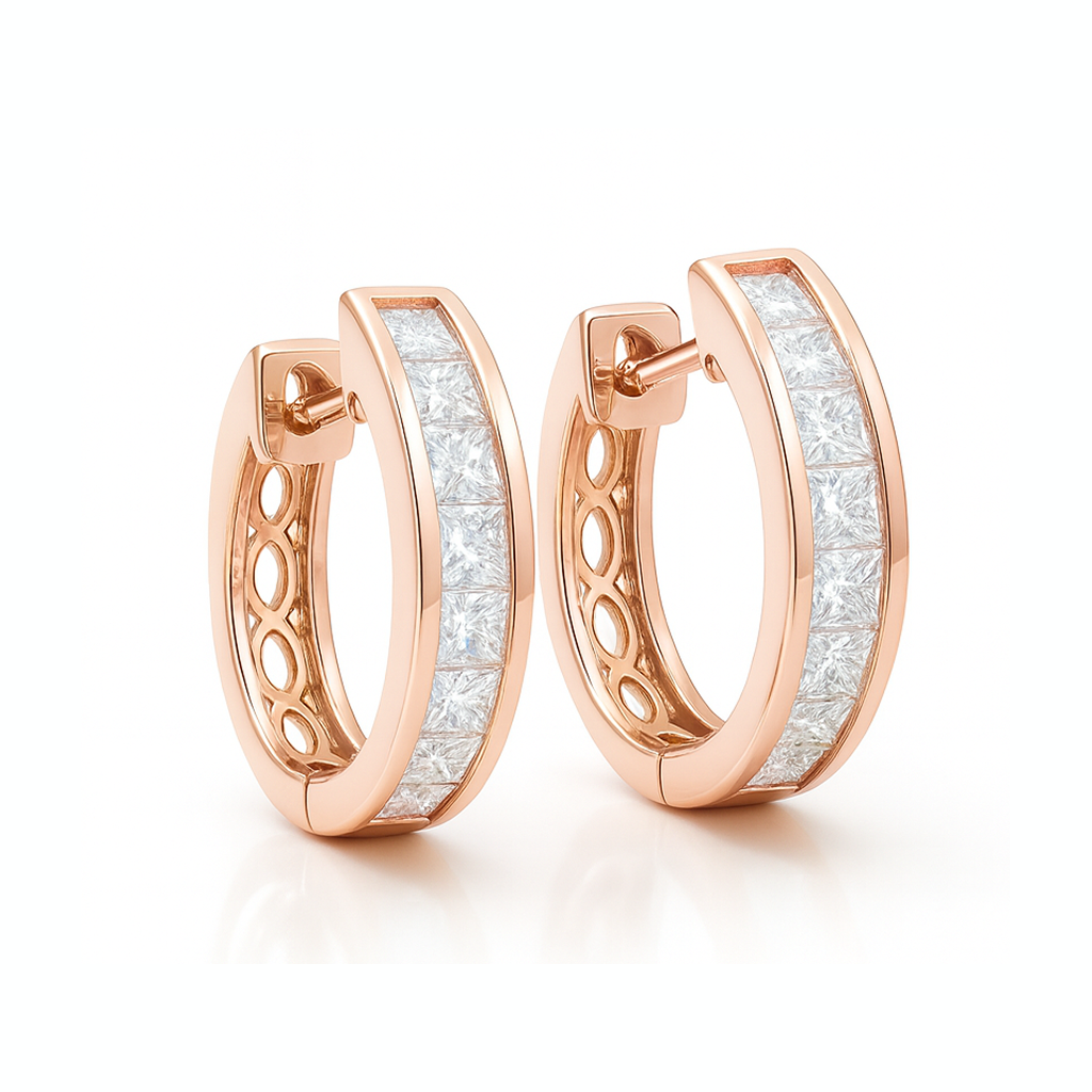 18K White Gold Channel Set Princess Diamond Hoop Earrings 0.23CT