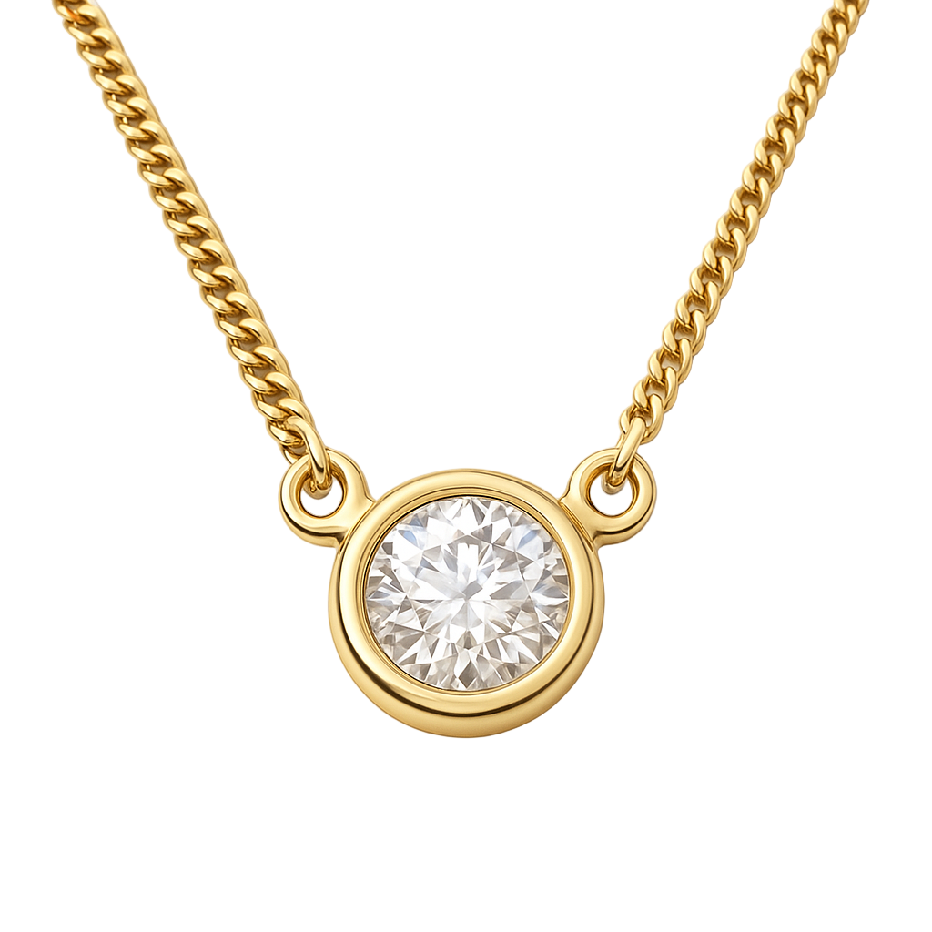 Gold necklace with a diamond pendant on a white background