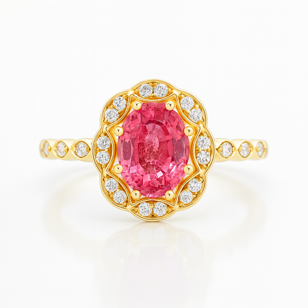 1.40ct Peach Sapphire Engagement Ring | F VS1 Diamonds | 18K Gold