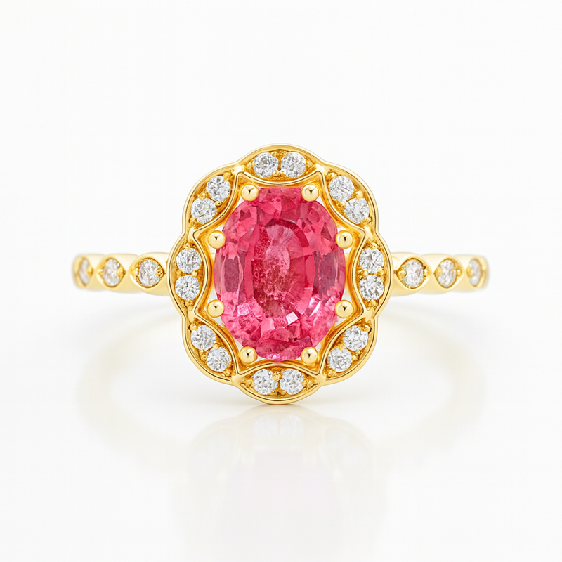 1.40ct Peach Sapphire Engagement Ring | F VS1 Diamonds | 18K Gold