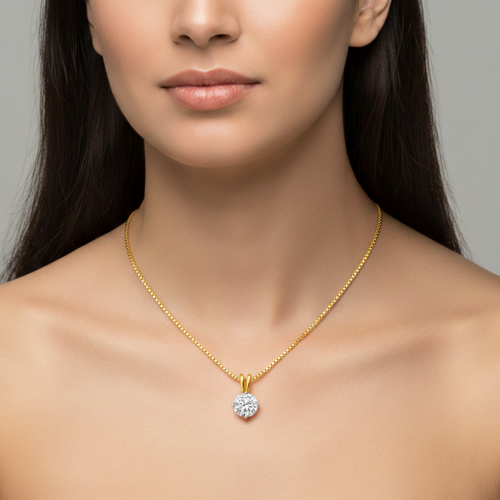 18K Yellow Gold Round Brilliant Cut Natural Diamond Solitaire Pendant Necklace 0.90CT