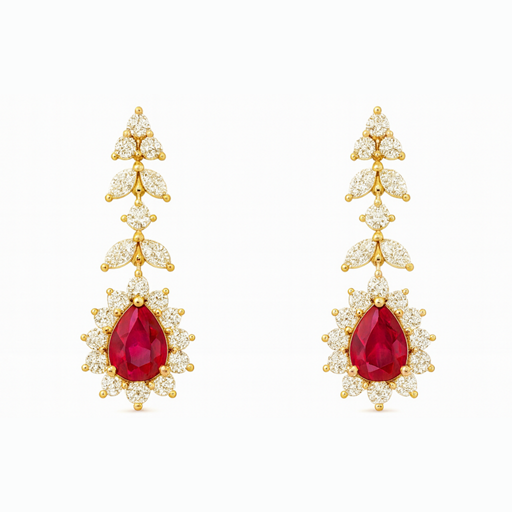 Certified Burma Heated Pear Cut Ruby with Natural Round Diamonds Halo Setting Drop Earrings