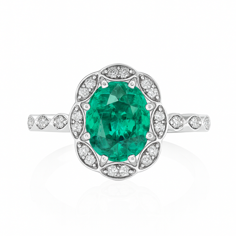 2.02ct Emerald Engagement Ring – Oval Halo, 18K Gold, F VS1 Diamonds