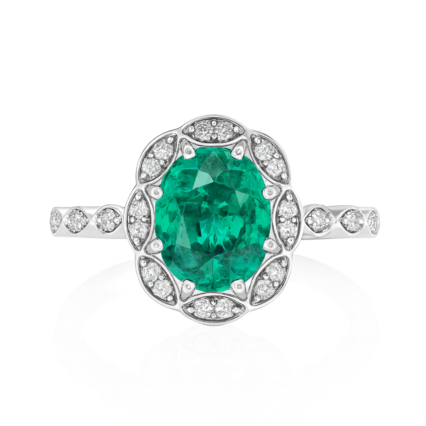 2.02ct Emerald Engagement Ring – Oval Halo, 18K Gold, F VS1 Diamonds