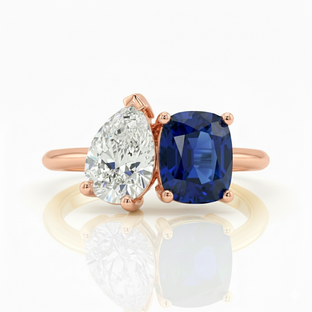 2 Stones Natural Pear & Blue Sapphire Cushion Cut Engagement Ring