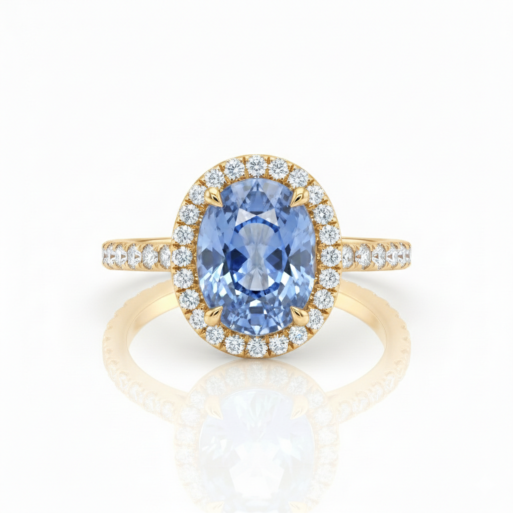 1.36ct Oval Shape Blue Sapphire Halo Setting Engagement Ring Chloe's Jewellers