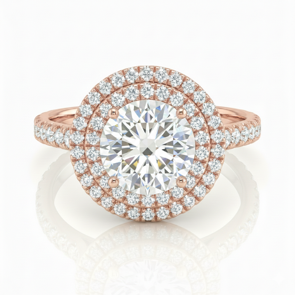1.09ct Lab Diamond Ring – Double Halo, 18K Gold, Natural Side Stones Chloe's Jewellers