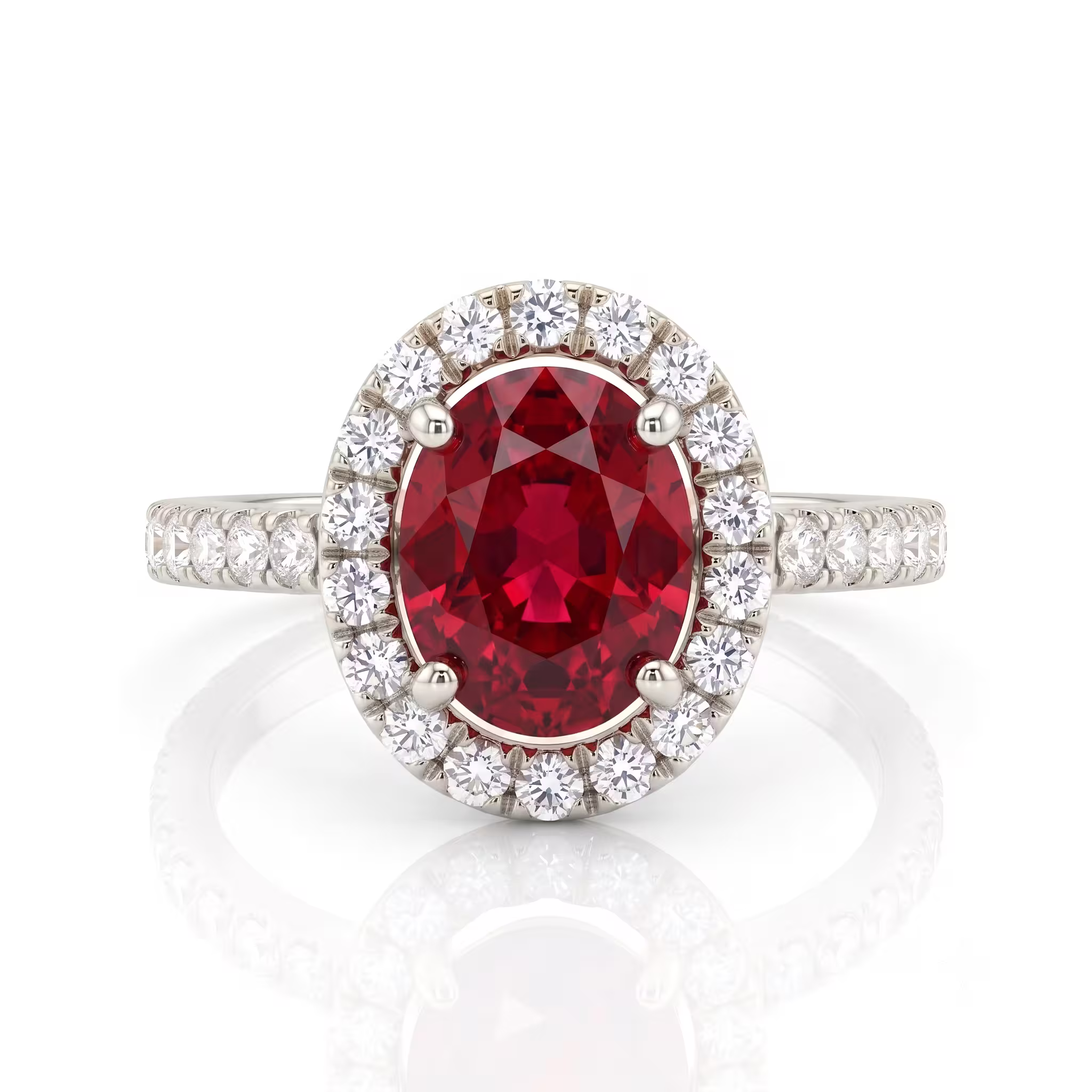 2.02ct Thai Ruby Ring – Oval Halo Setting, 18K Gold, E VS1 Diamonds Chloe's Jewellers