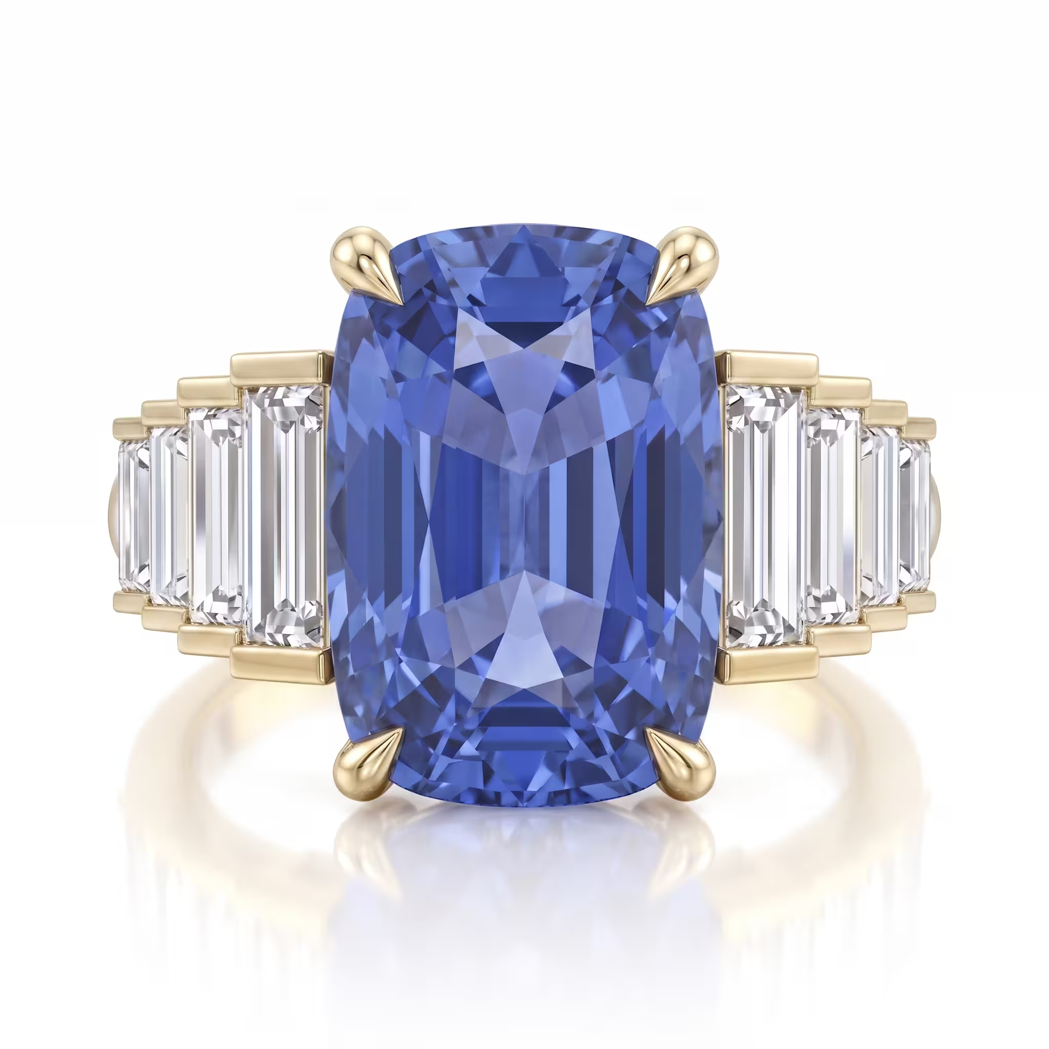 6.02ct Elongated Cushion Cut Sapphire Side Baguette Stone Engagement Ring - 18K Gold Chloe's Jewellers