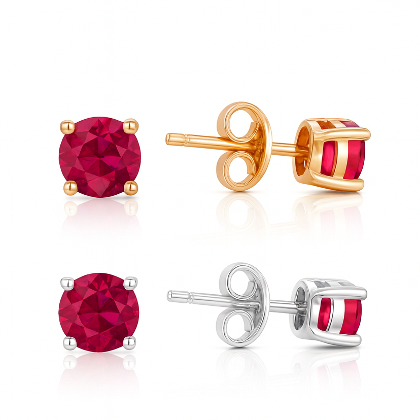1.00CT Round Shape Ruby Stone Stud Earrings 18K Yellow Gold