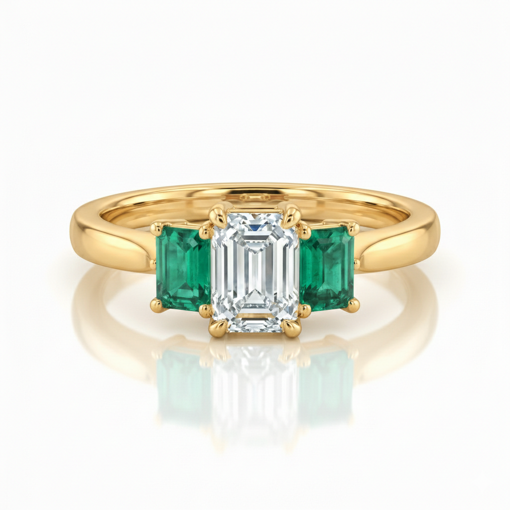 0.38ct Trilogy Setting Emerald Cut Engagement Ring with Green emerald side stones Chloe's Jewellers