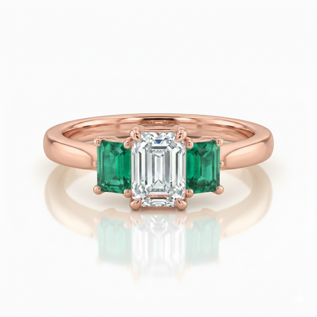 0.38ct Trilogy Setting Emerald Cut Engagement Ring with Green emerald side stones Chloe's Jewellers