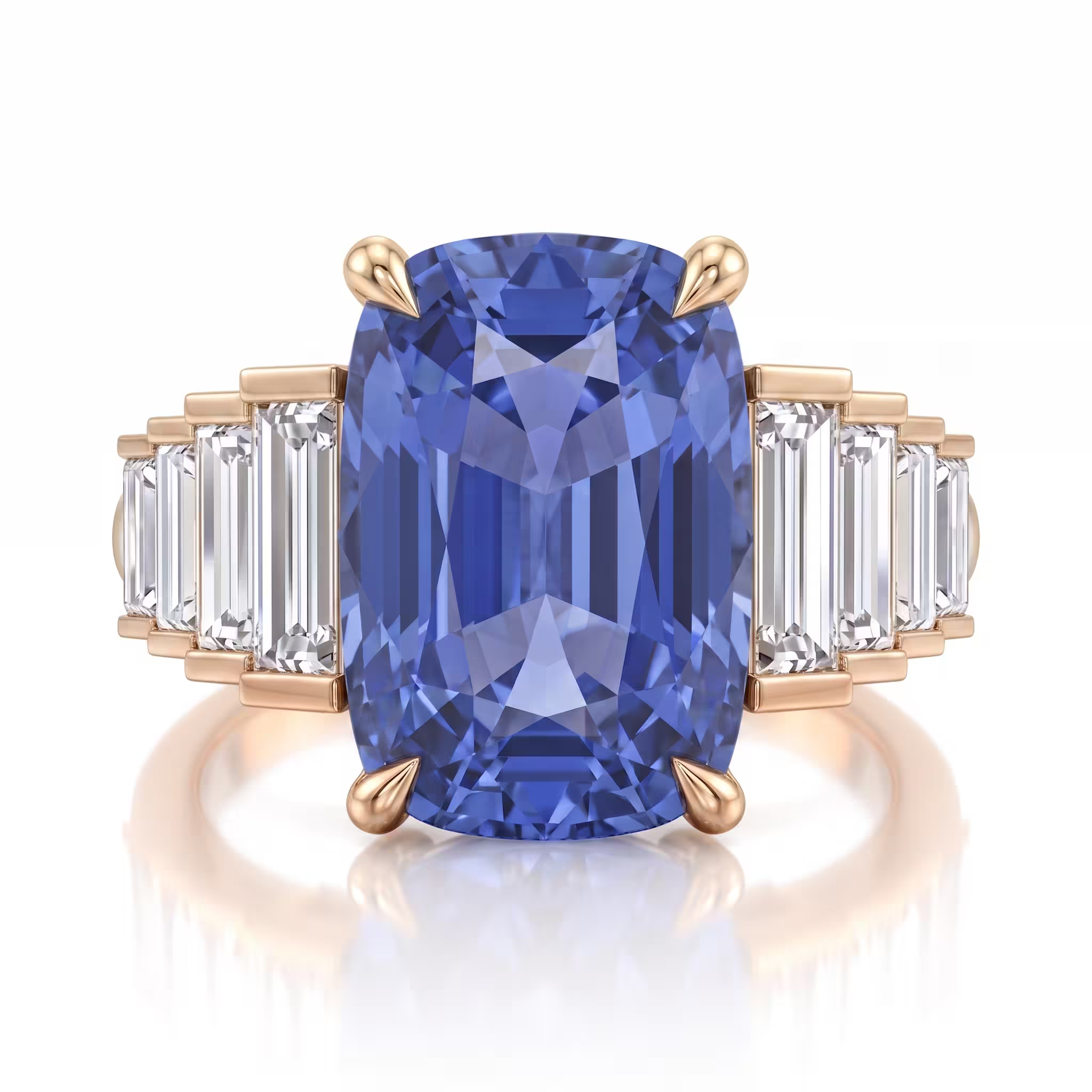 6.02ct Elongated Cushion Cut Sapphire Side Baguette Stone Engagement Ring - 18K Gold Chloe's Jewellers
