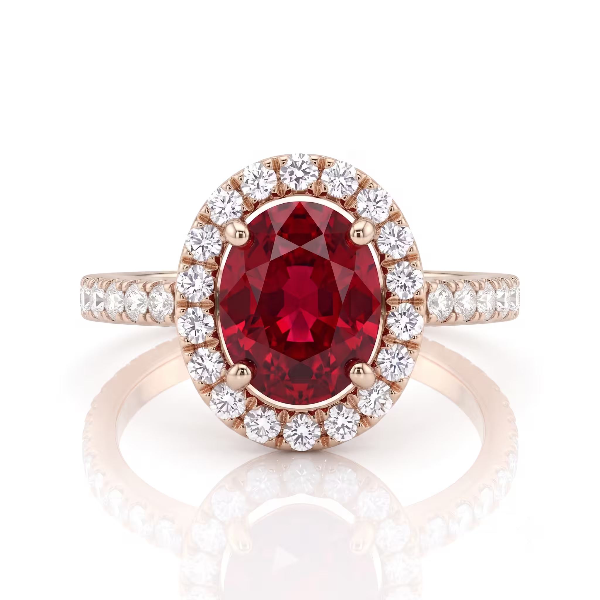 2.02ct Thai Ruby Ring – Oval Halo Setting, 18K Gold, E VS1 Diamonds Chloe's Jewellers