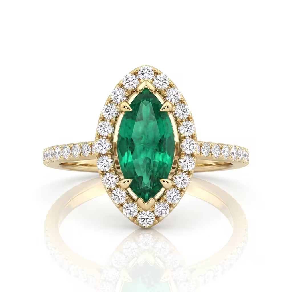 0.68ct Marquise Cut Zambian Emerald Halo Setting Engagement Ring - 18K Gold