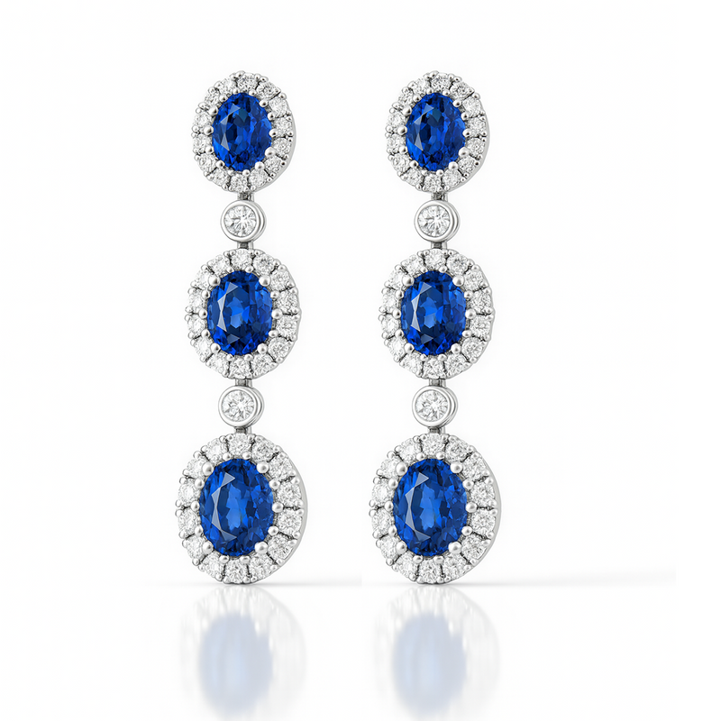 18K White Gold Oval Cut Blue Sapphire Halo Drop Earrings 1.20ct