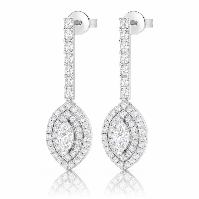 White Gold Marquise Diamond Double Halo Drop Earrings