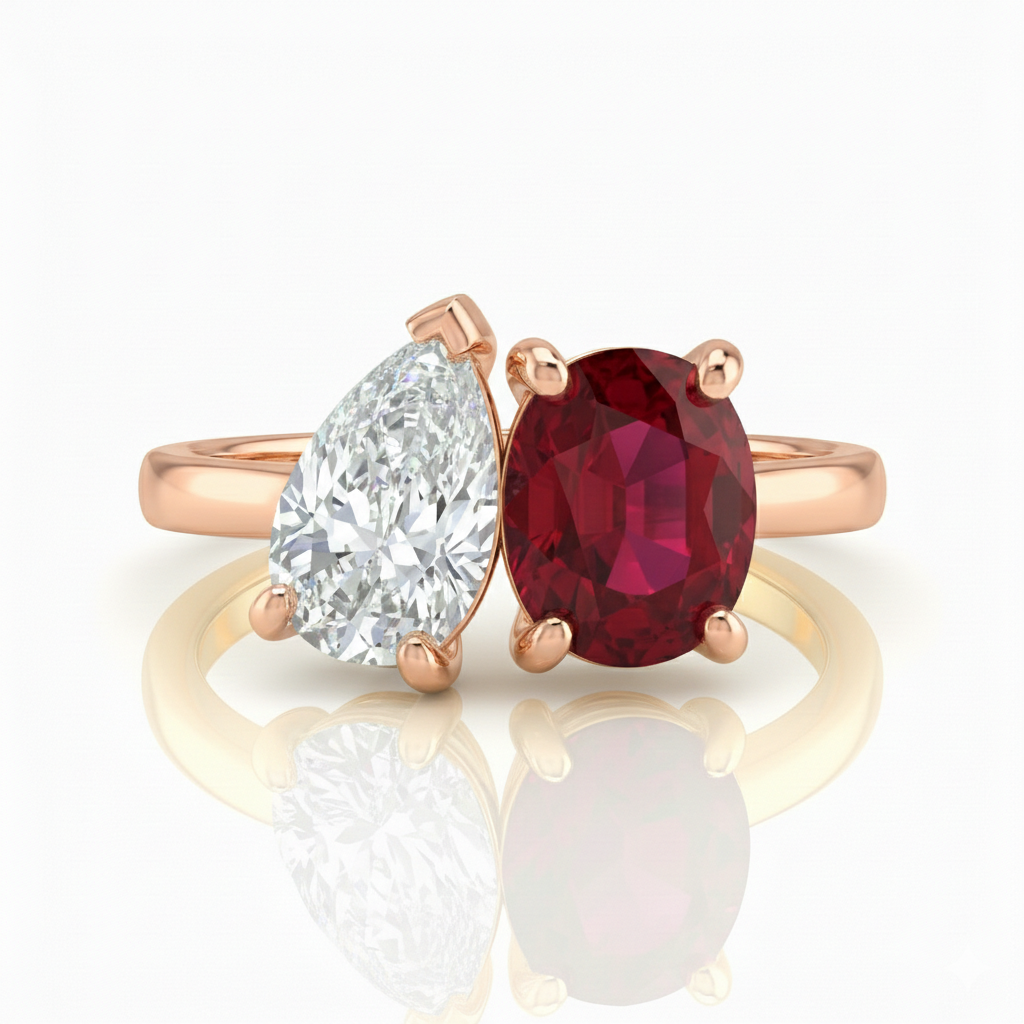 2 Stones Natural Pear & Burma Ruby Cushion Cut Engagement Ring Chloe's Jewellers