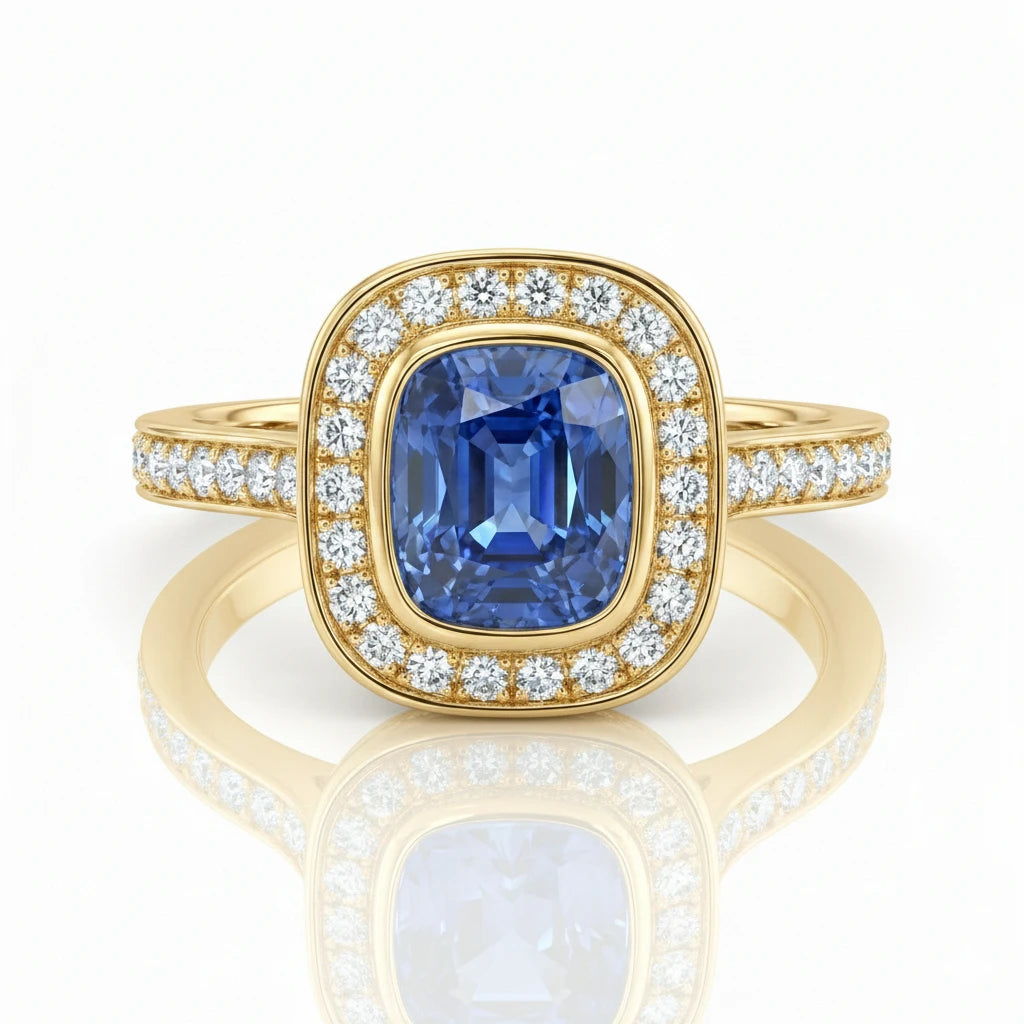 1.46ct Cushion Cut Blue Sapphire Halo Setting Engagement Ring Chloe's Jewellers