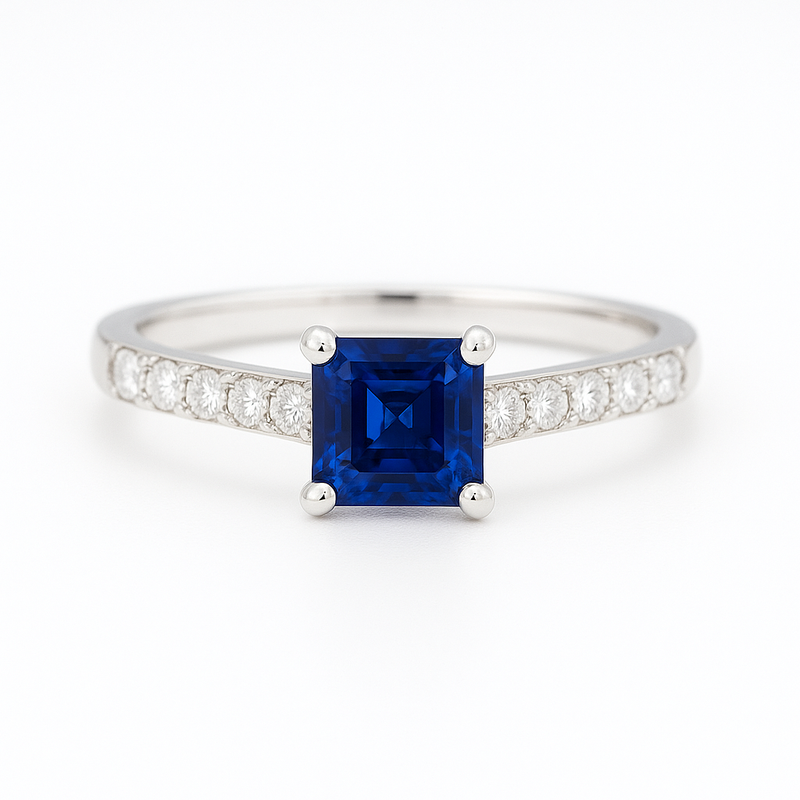 18k White Gold Blue Sapphire & Diamond Cathedral Engagement Ring – 0.83ct Sapphire, 0.20ct