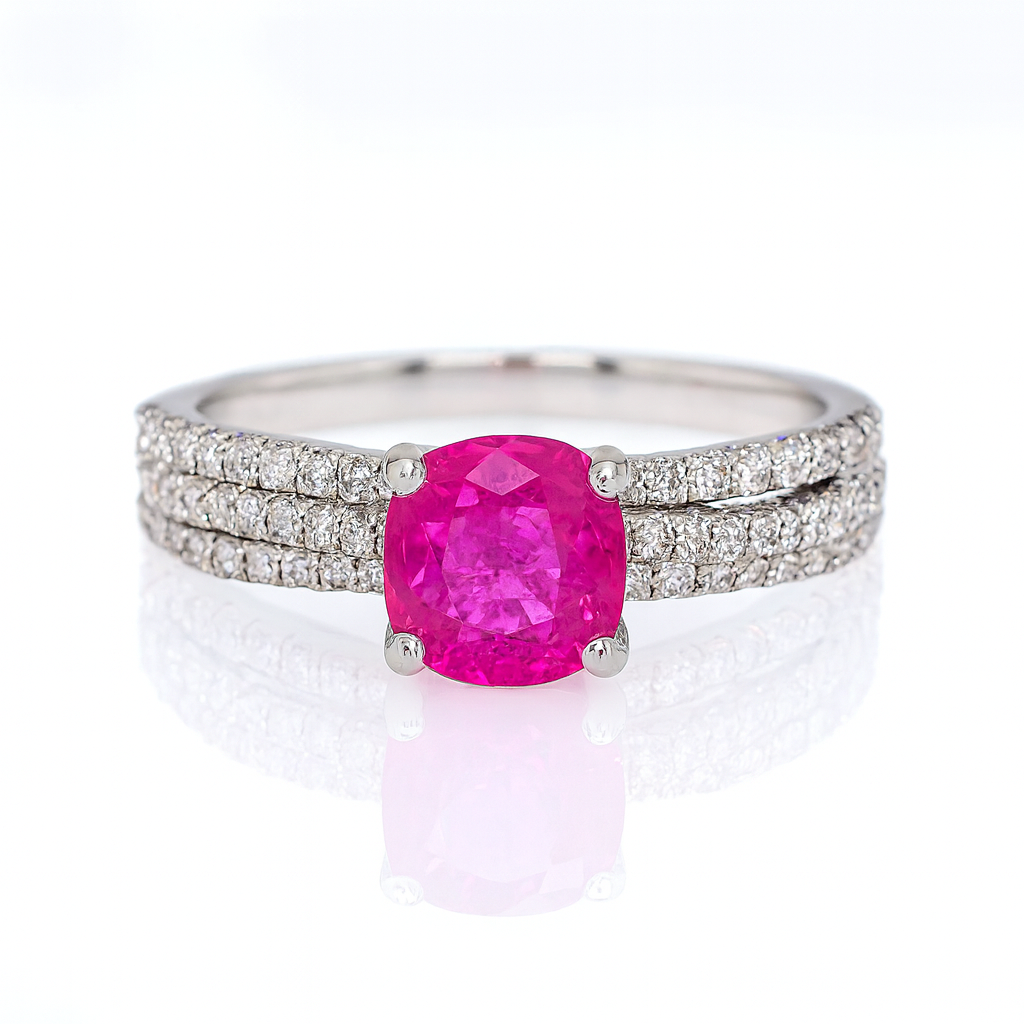 18k White Gold Ruby & Diamond Engagement Ring – 0.70ct Ruby, 0.50ct F/VS1 Diamonds