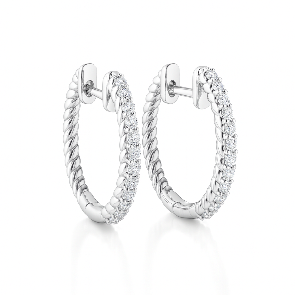 18K White Gold Claw Set Twisted Design Round Diamond Hoop Earrings 0.29CT