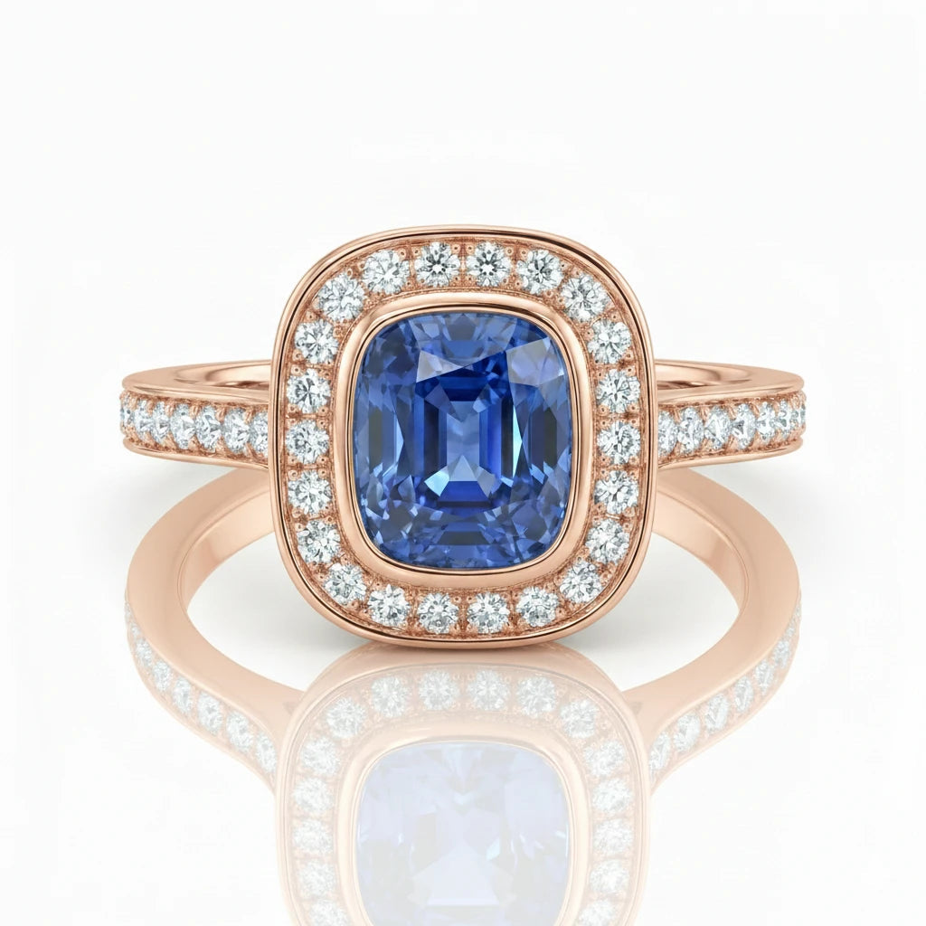 1.46ct Cushion Cut Blue Sapphire Halo Setting Engagement Ring Chloe's Jewellers